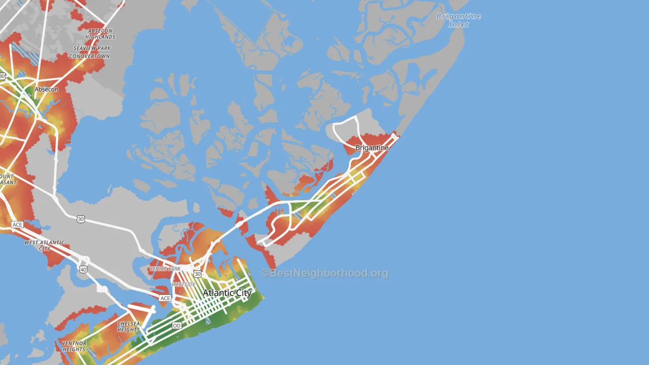 Walk Grade map of Brigantine, NJ, walkable areas in green and car-dependent areas in red