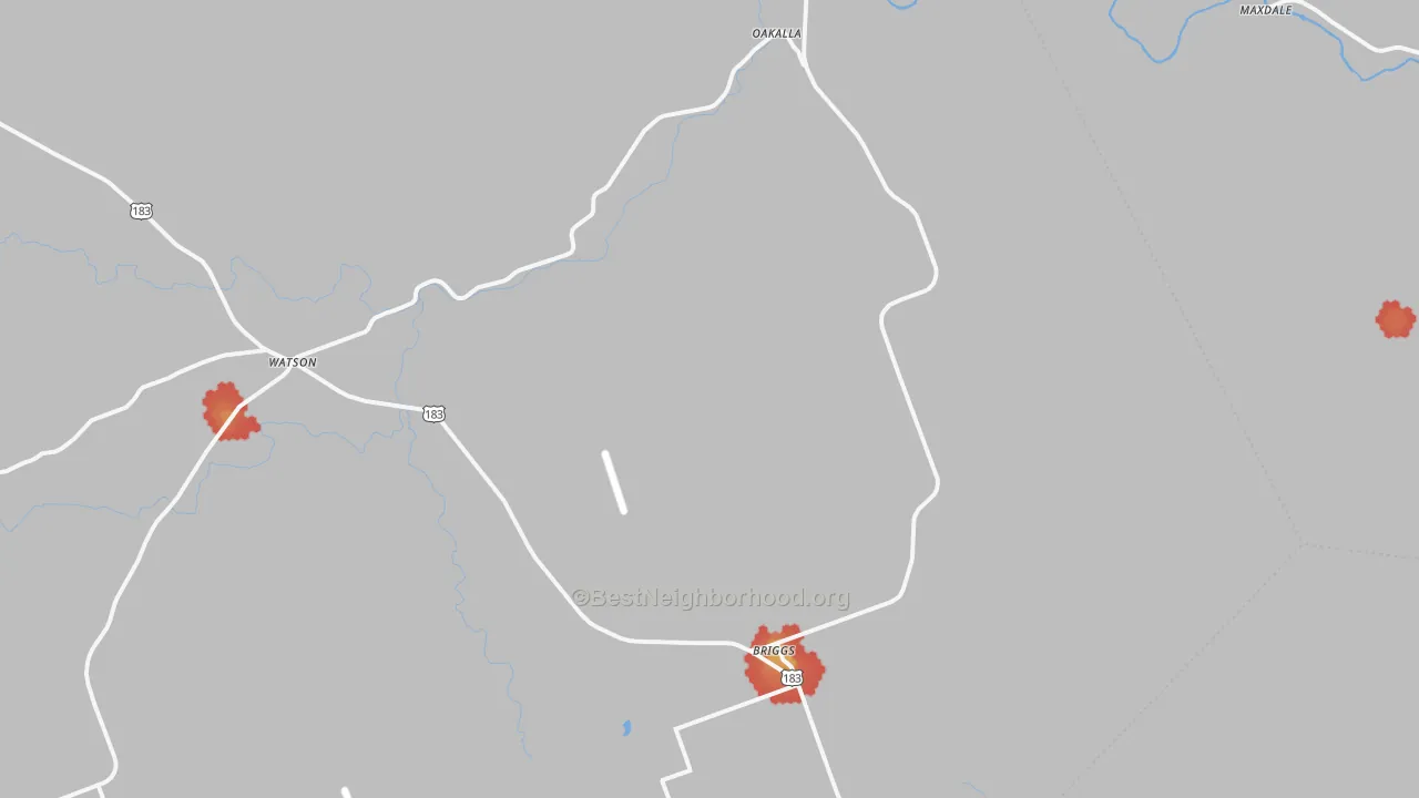 Walk Grade map of Briggs, TX, walkable areas in green and car-dependent areas in red
