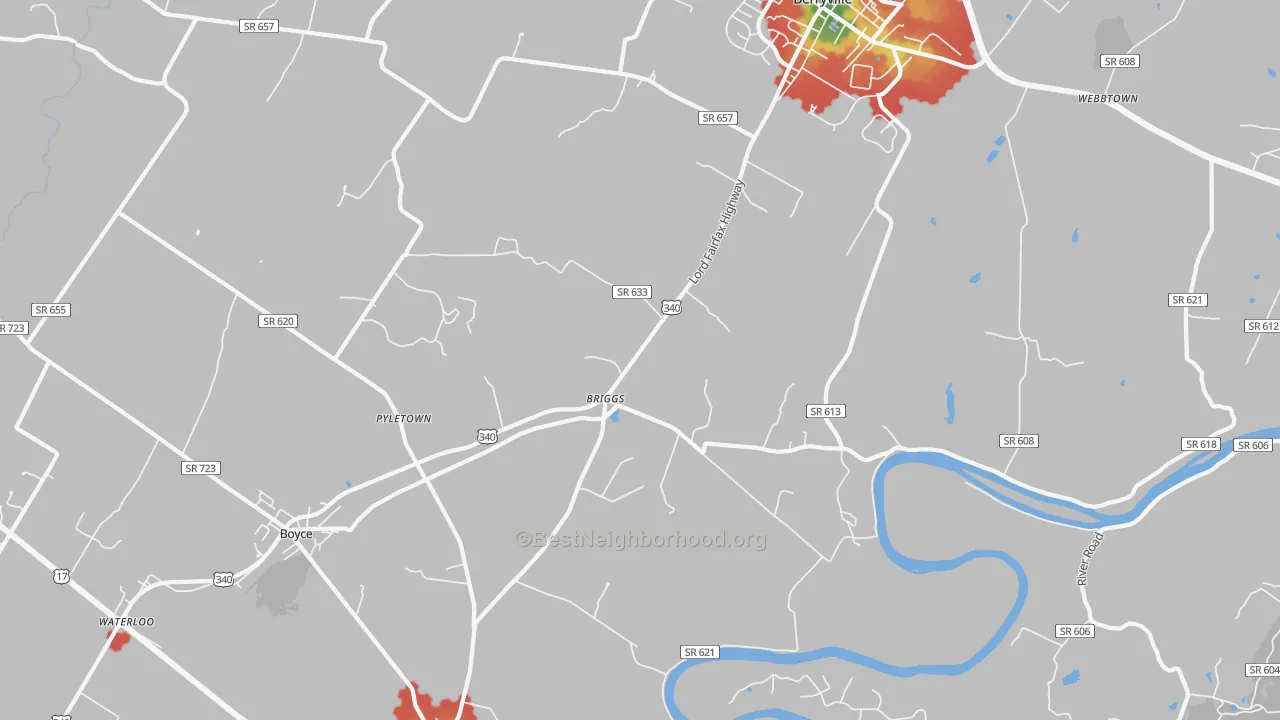Walk Grade map of Briggs, VA, walkable areas in green and car-dependent areas in red