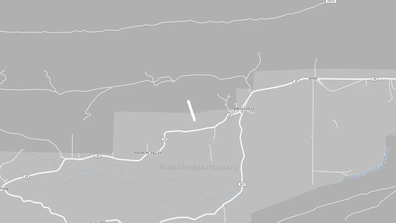 Walk Grade map of Briggsville, AR, walkable areas in green and car-dependent areas in red