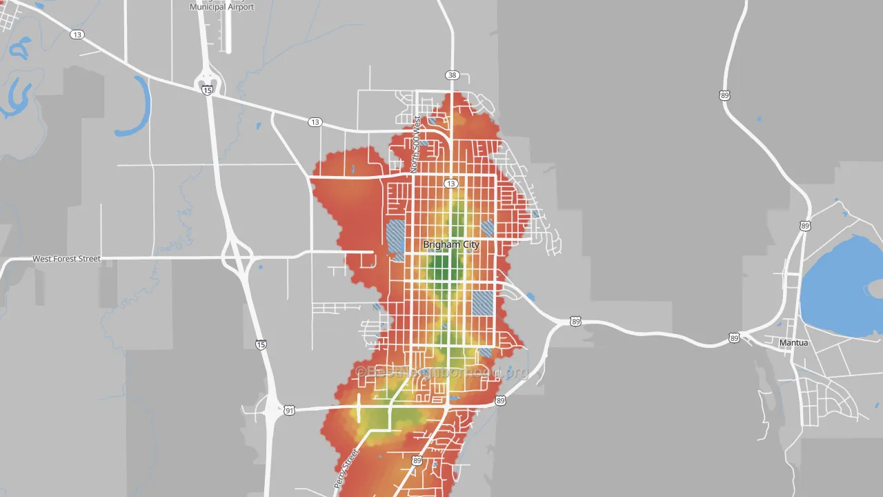 Walk Grade map of Brigham City, UT, walkable areas in green and car-dependent areas in red