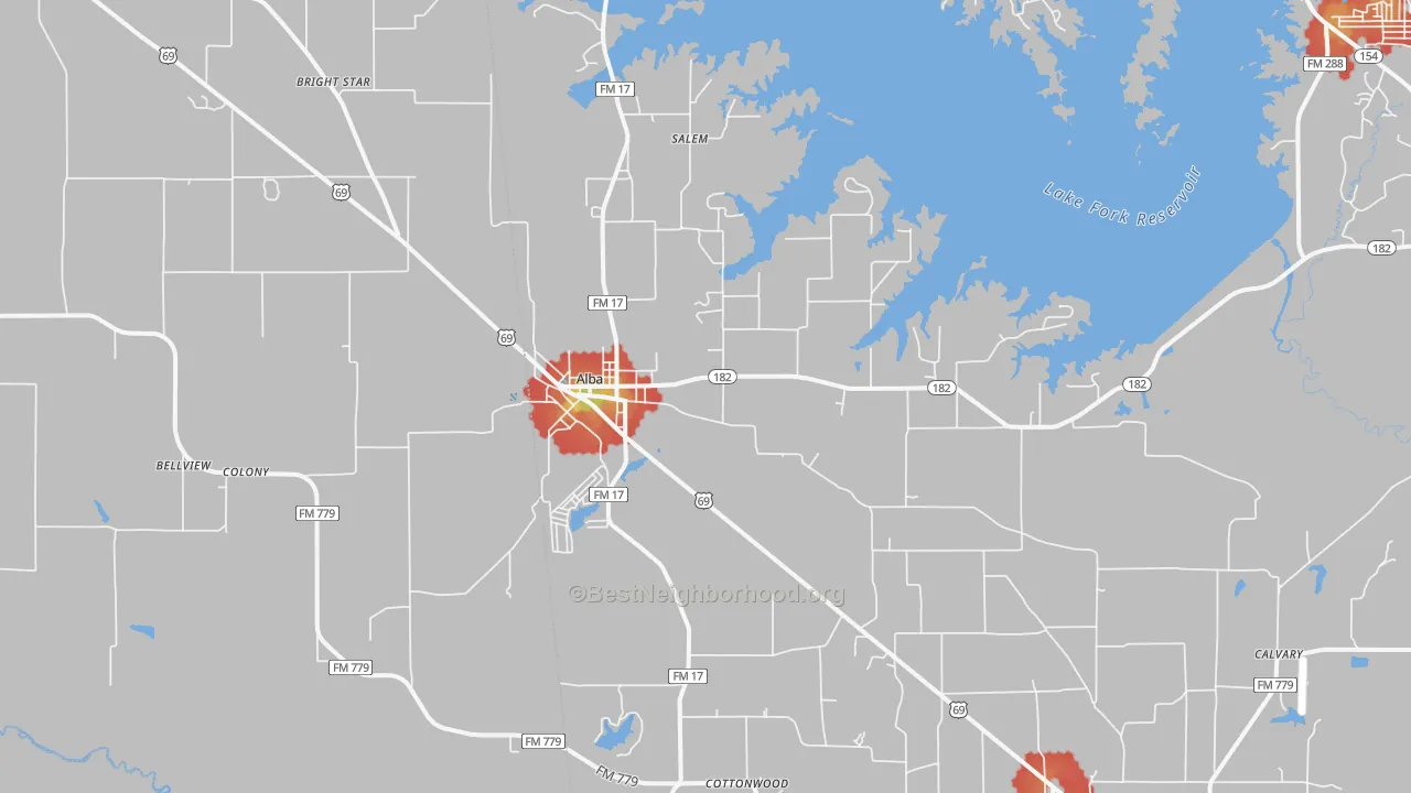 Walk Grade map of Bright Star, TX, walkable areas in green and car-dependent areas in red