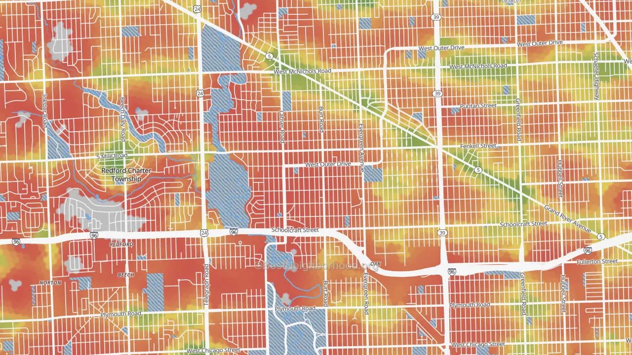 Walk Grade map of Brightmoor, Detroit, MI, walkable areas in green and car-dependent areas in red