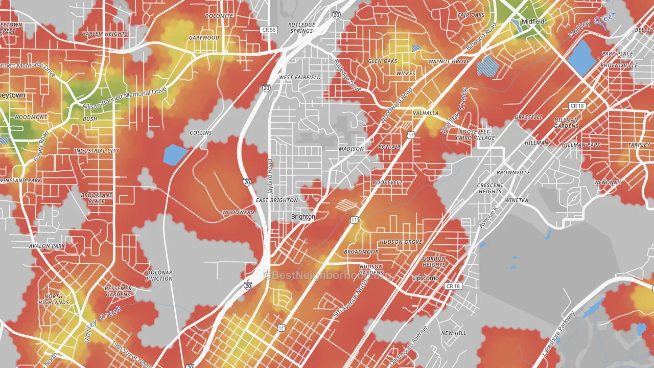 Walk Grade map of Brighton, AL, walkable areas in green and car-dependent areas in red