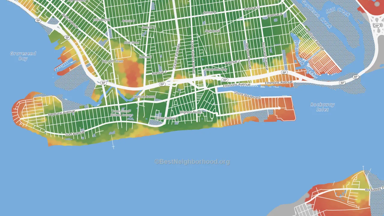 Walk Grade map of Brighton Beach, Brooklyn, NY, walkable areas in green and car-dependent areas in red