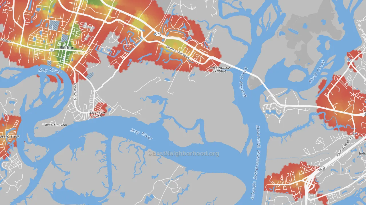 Walk Grade map of Brighton Beach, SC, walkable areas in green and car-dependent areas in red