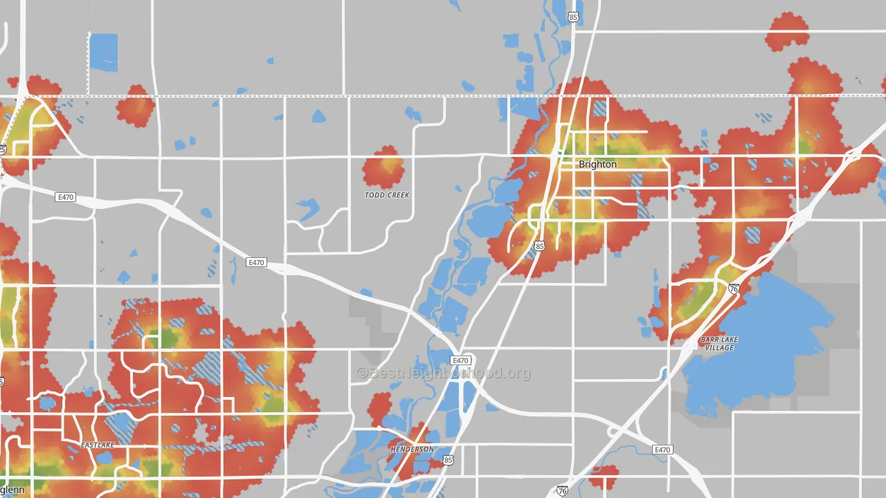 Walk Grade map of Brighton, CO, walkable areas in green and car-dependent areas in red
