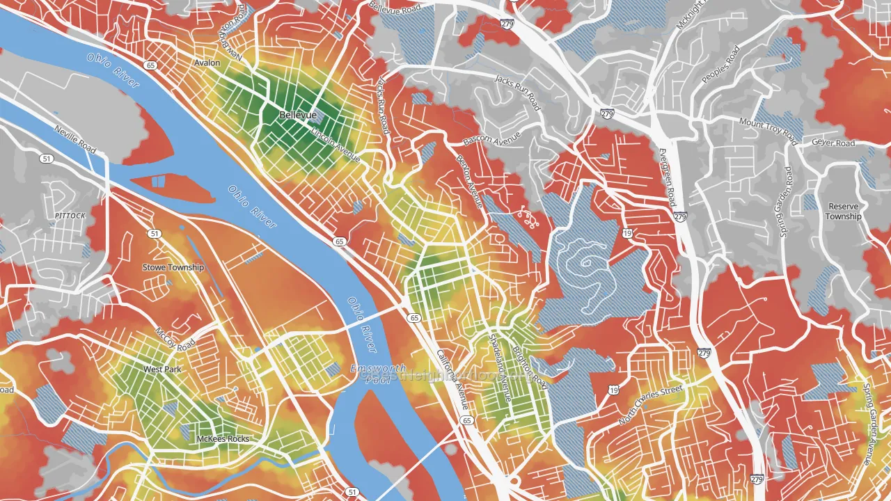 Walk Grade map of Brighton Heights, Pittsburgh, PA, walkable areas in green and car-dependent areas in red