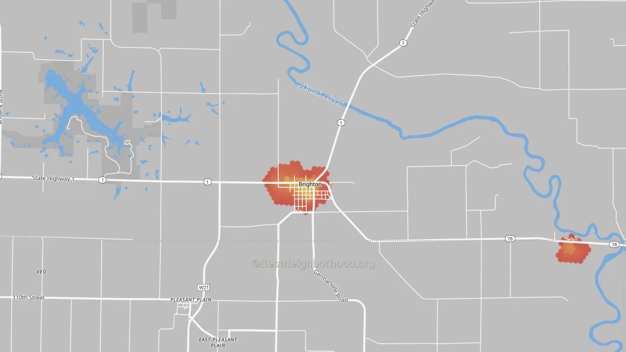Walk Grade map of Brighton, IA, walkable areas in green and car-dependent areas in red
