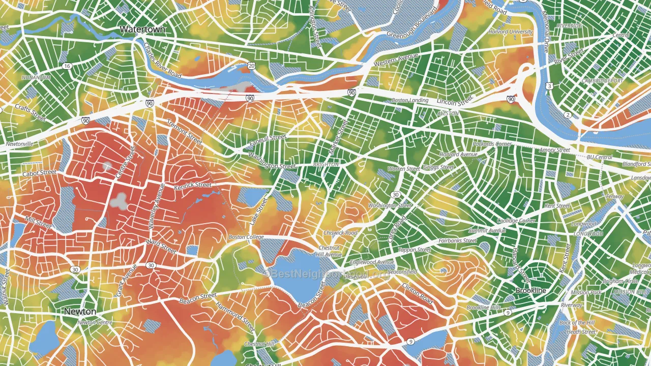 Walk Grade map of Brighton, MA, walkable areas in green and car-dependent areas in red