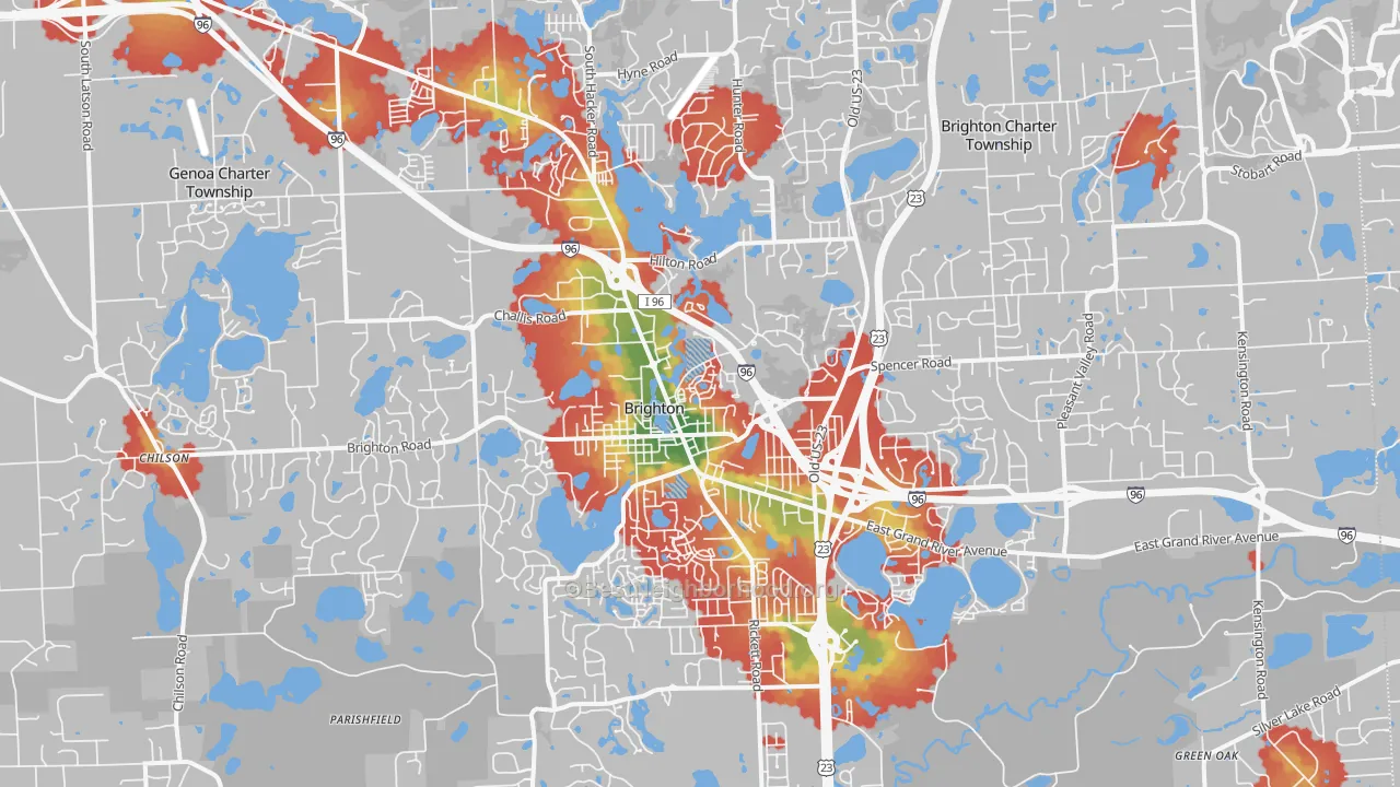Walk Grade map of Brighton, MI, walkable areas in green and car-dependent areas in red