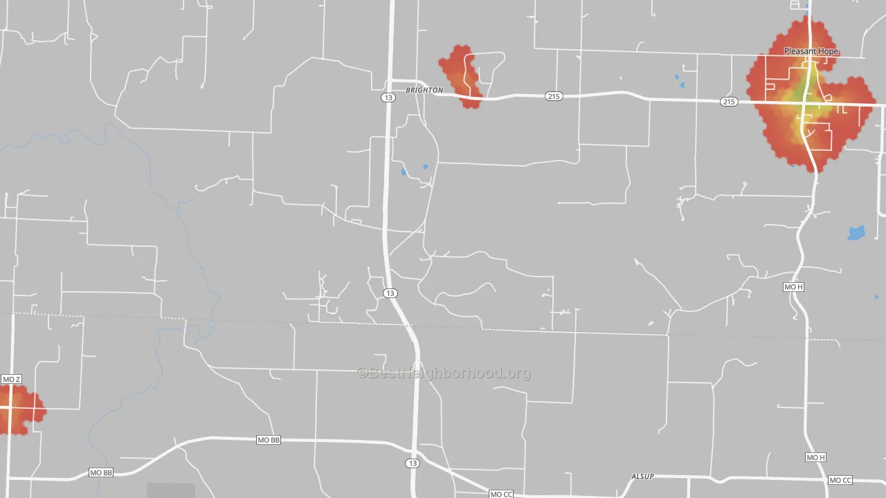 Walk Grade map of Brighton, MO, walkable areas in green and car-dependent areas in red