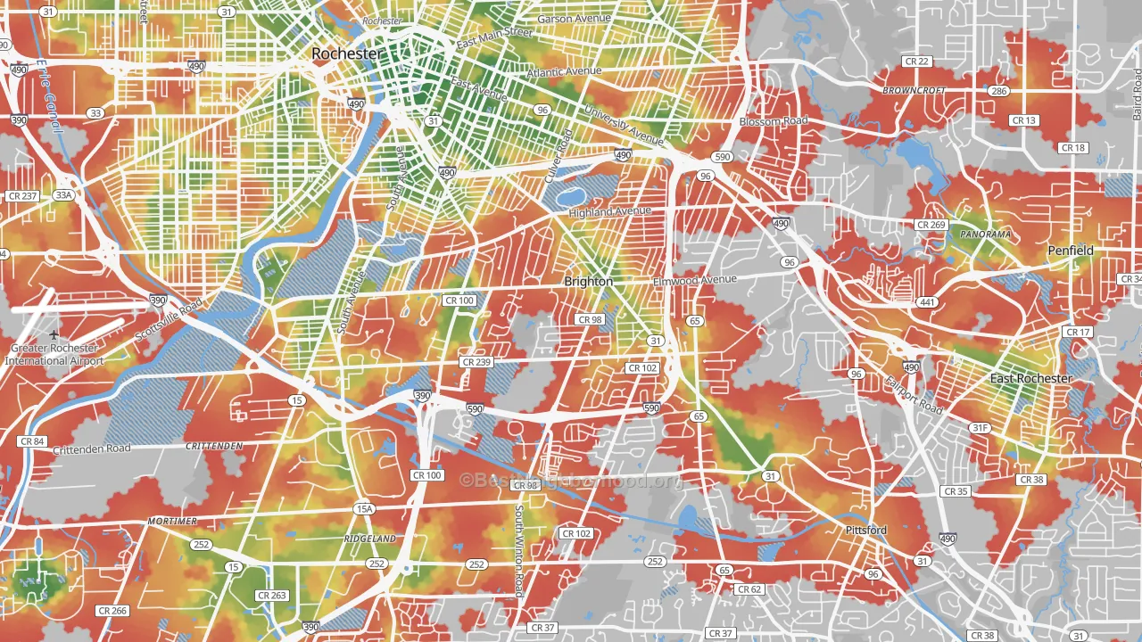 Walk Grade map of Brighton, NY, walkable areas in green and car-dependent areas in red