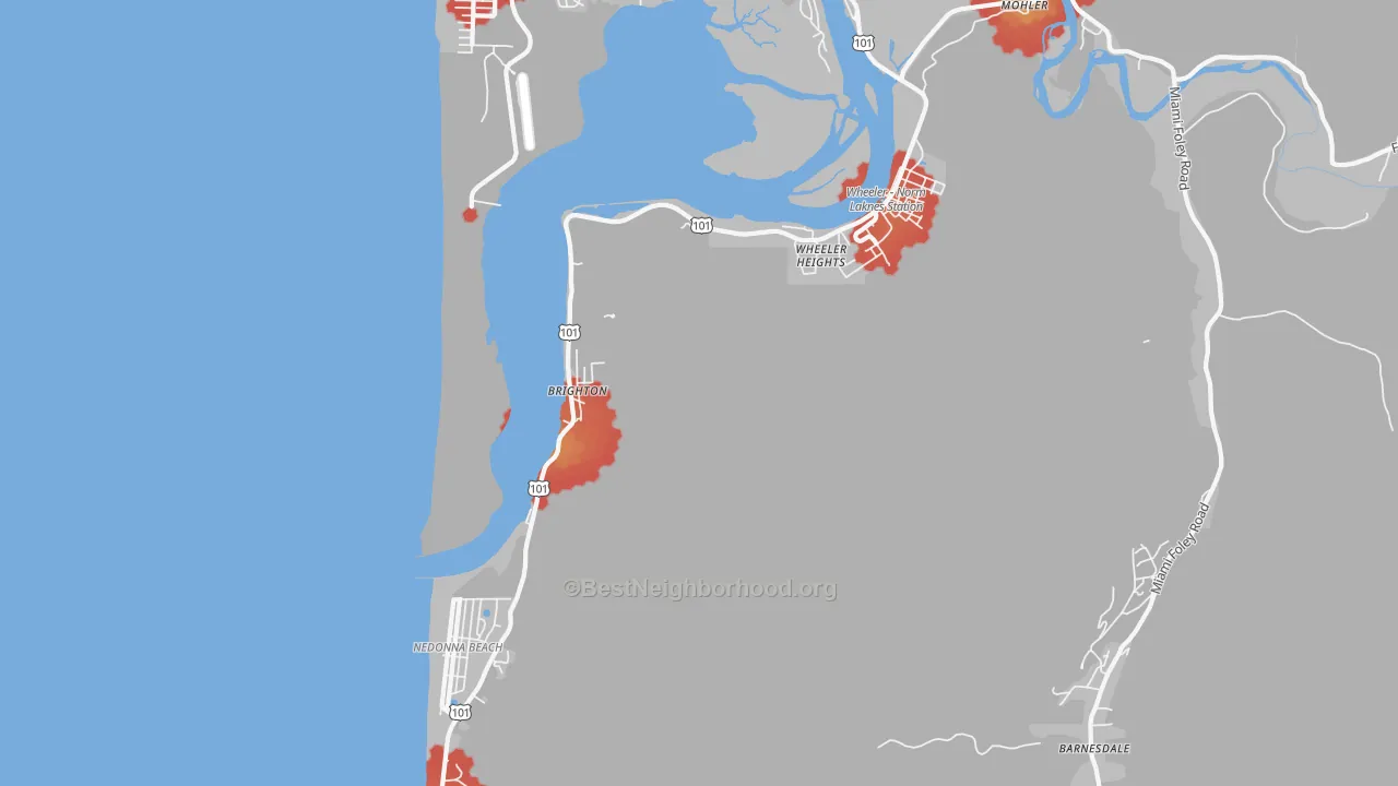 Walk Grade map of Brighton, OR, walkable areas in green and car-dependent areas in red