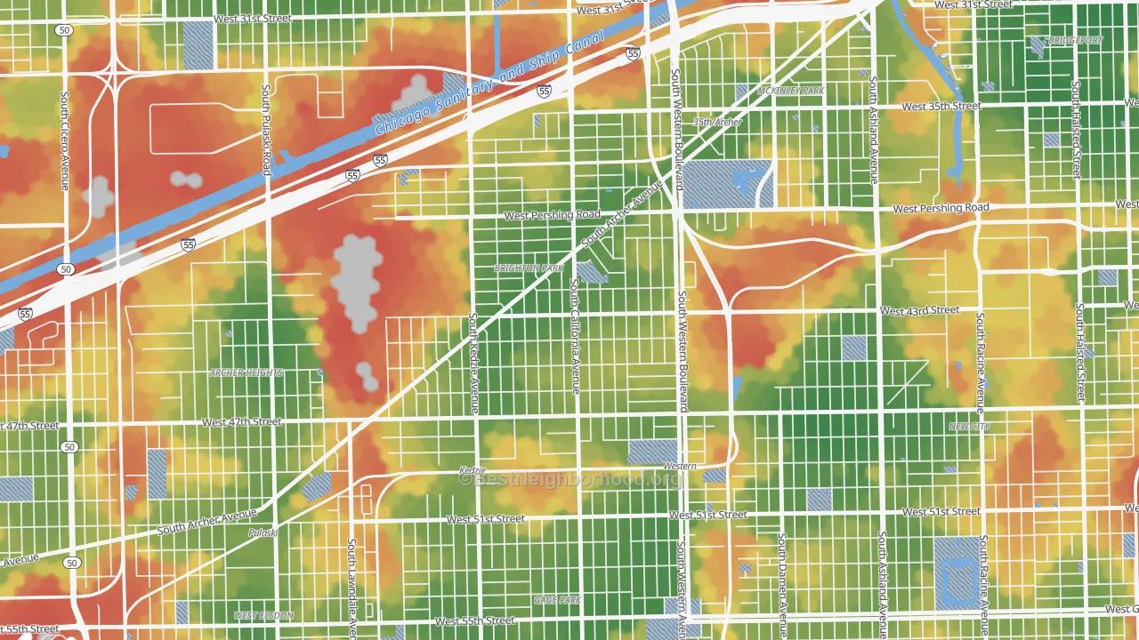 Walk Grade map of Brighton Park, Chicago, IL, walkable areas in green and car-dependent areas in red