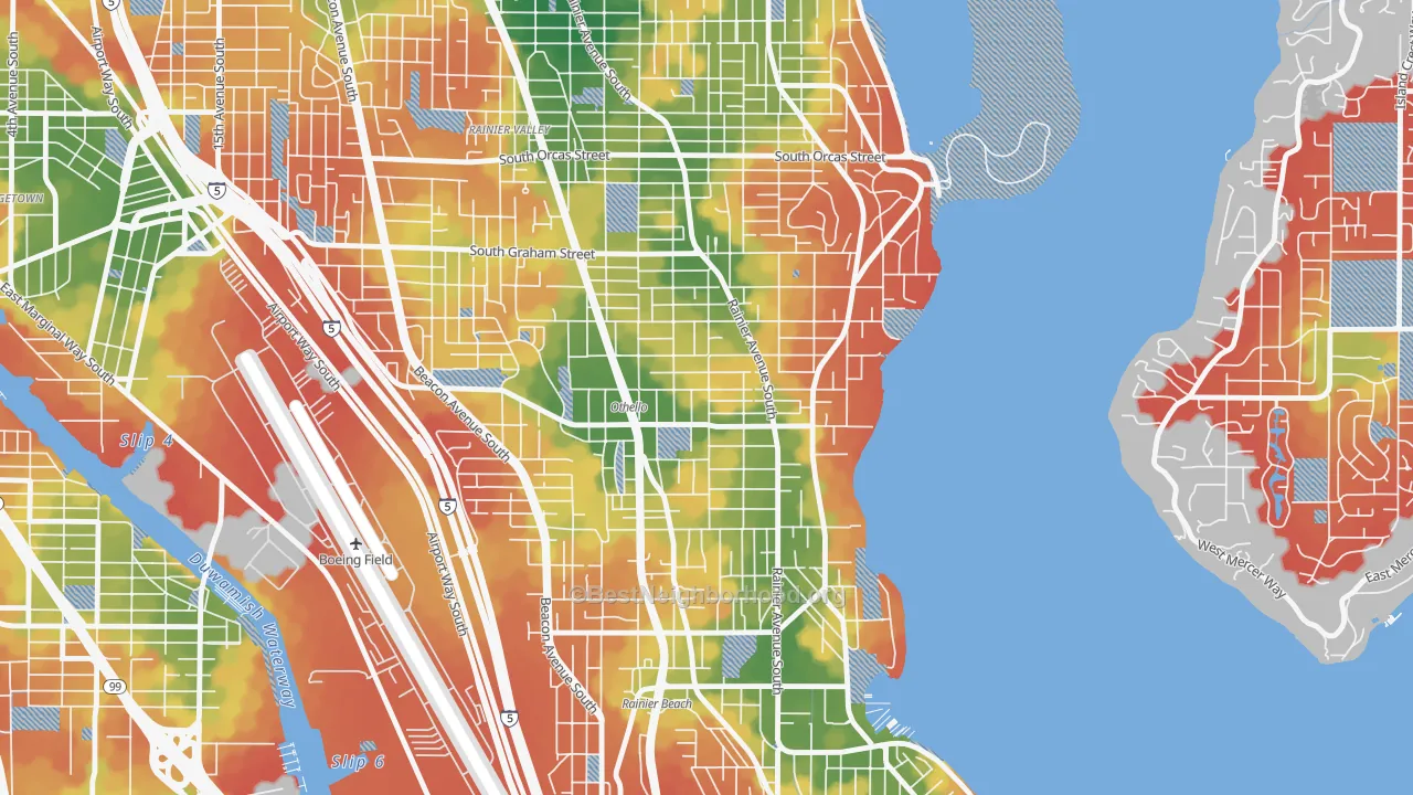 Walk Grade map of Brighton, Seattle, WA, walkable areas in green and car-dependent areas in red