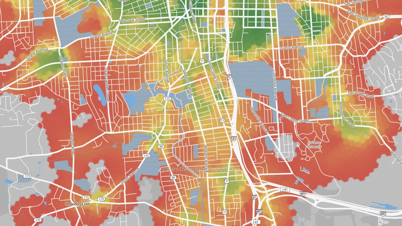 Walk Grade map of Brighton, Syracuse, NY, walkable areas in green and car-dependent areas in red
