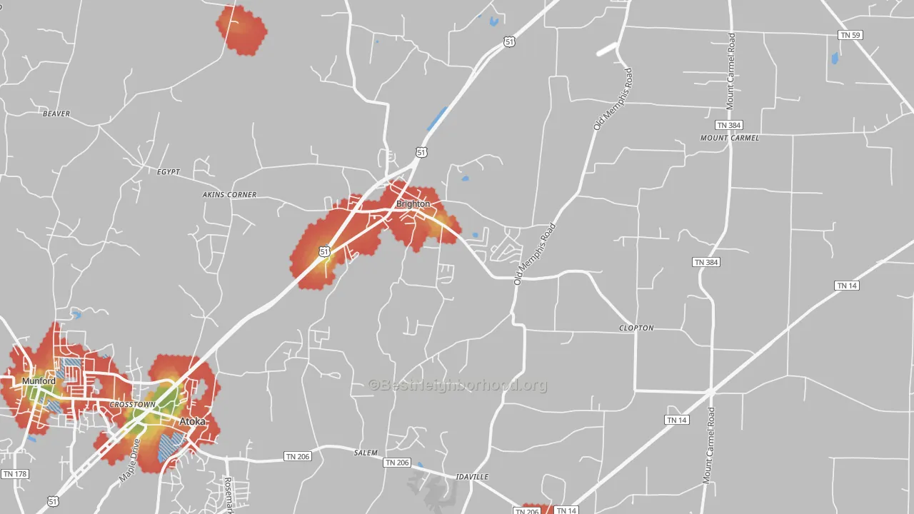 Walk Grade map of Brighton, TN, walkable areas in green and car-dependent areas in red