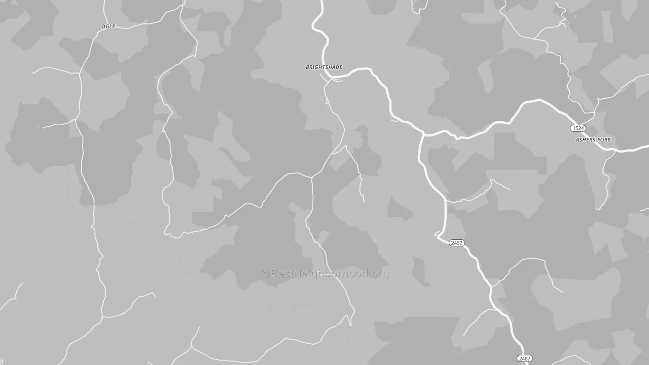Walk Grade map of Brightshade, KY, walkable areas in green and car-dependent areas in red