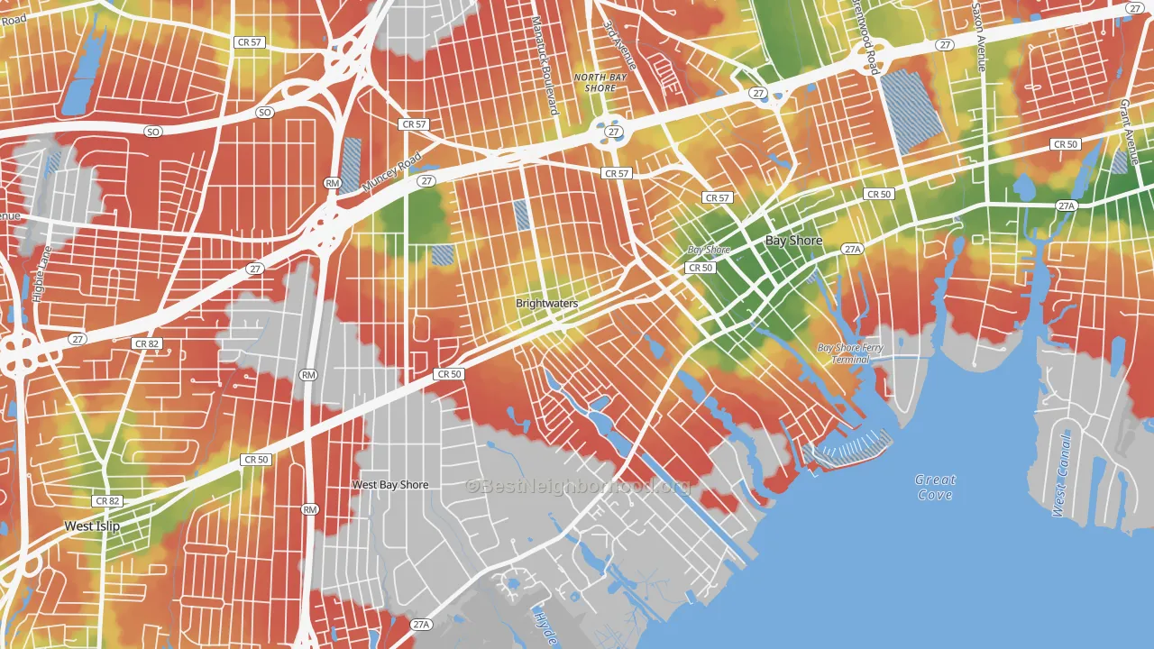 Walk Grade map of Brightwaters, NY, walkable areas in green and car-dependent areas in red