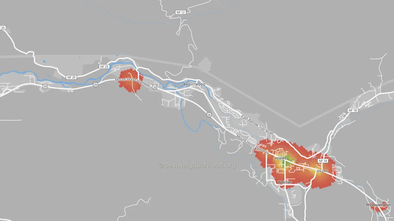 Walk Grade map of Brightwood, OR, walkable areas in green and car-dependent areas in red