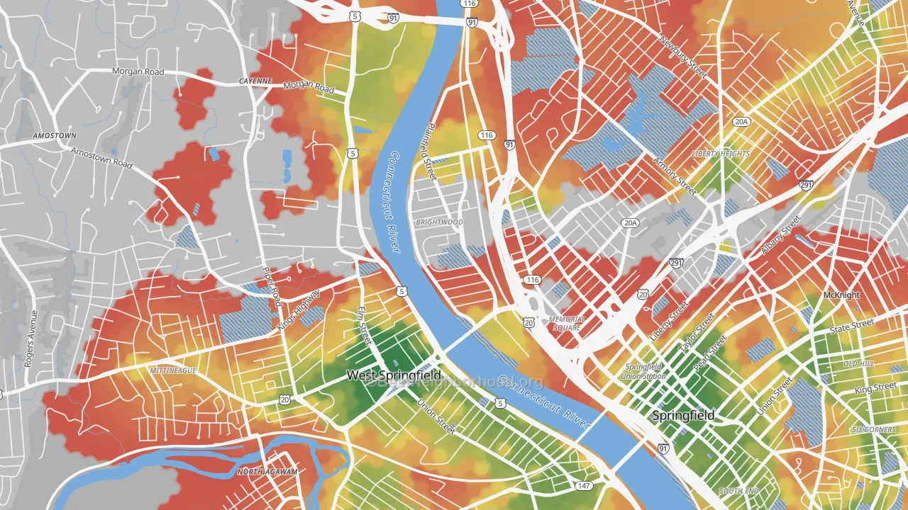 Walk Grade map of Brightwood, Springfield, MA, walkable areas in green and car-dependent areas in red