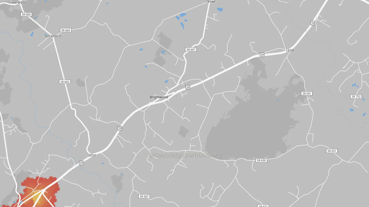 Walk Grade map of Brightwood, VA, walkable areas in green and car-dependent areas in red