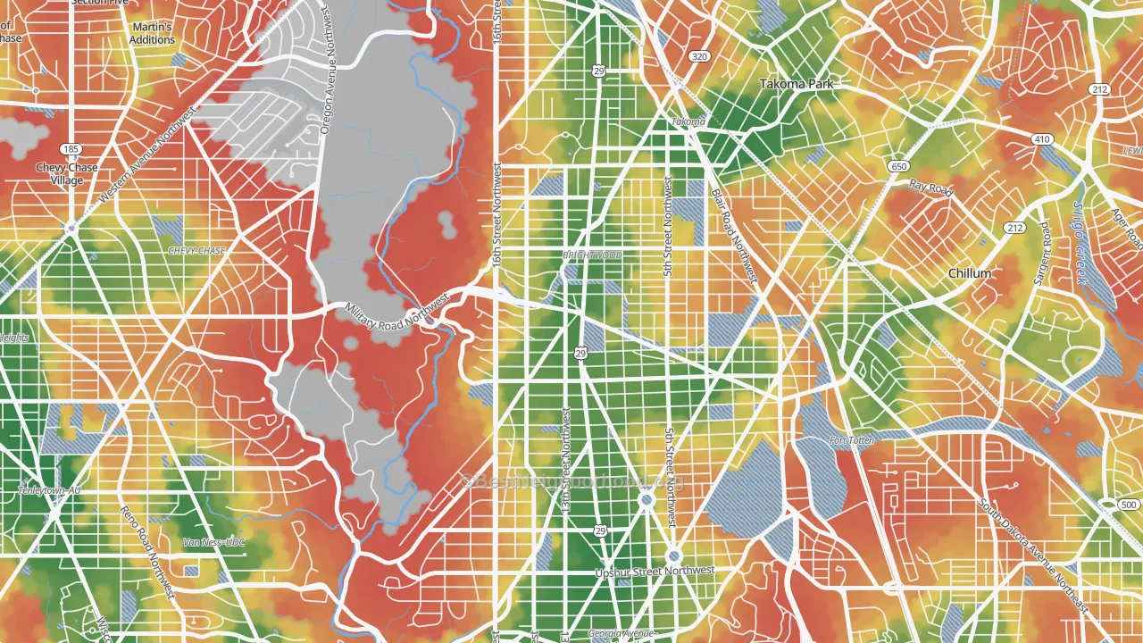 Walk Grade map of Brightwood, Washington, DC, walkable areas in green and car-dependent areas in red
