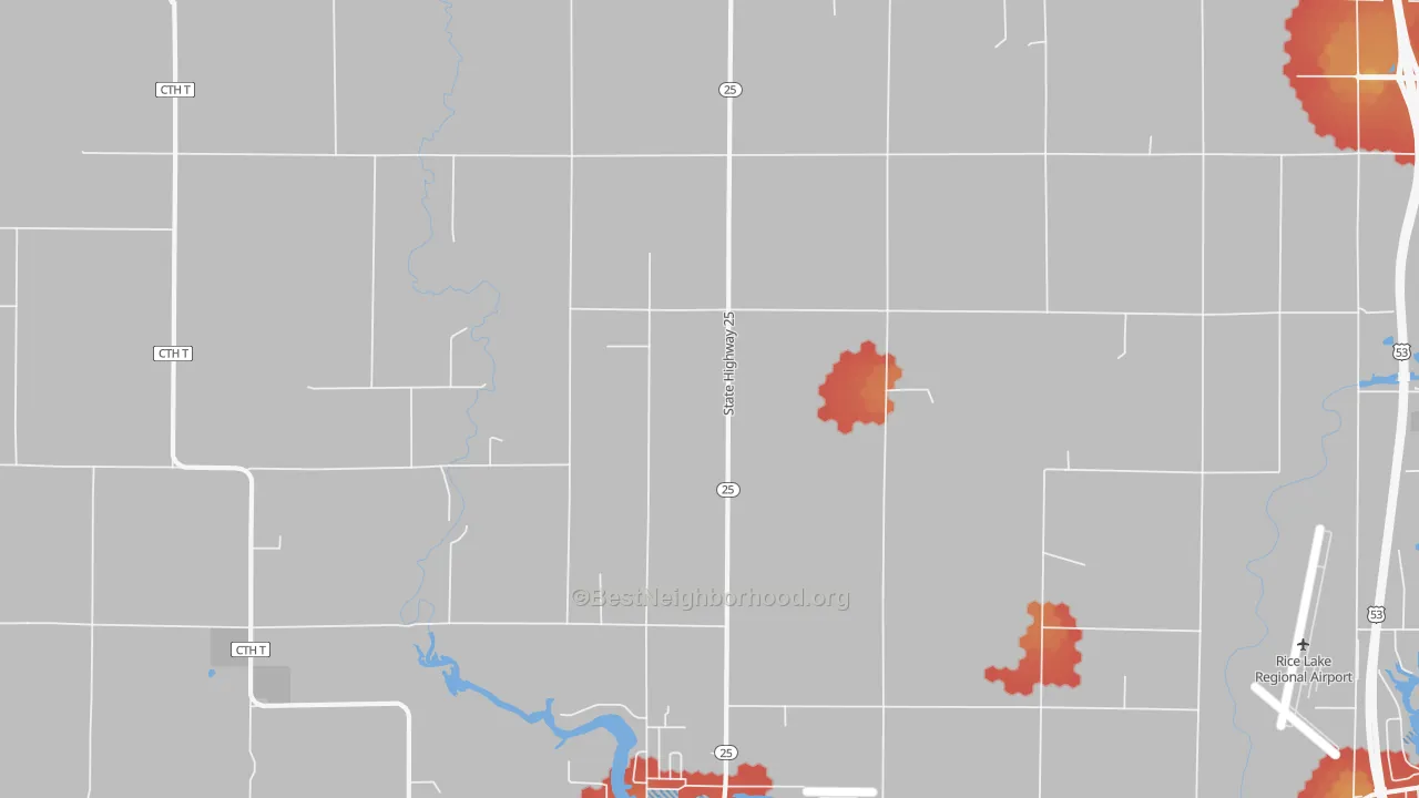 Walk Grade map of Brill, WI, walkable areas in green and car-dependent areas in red