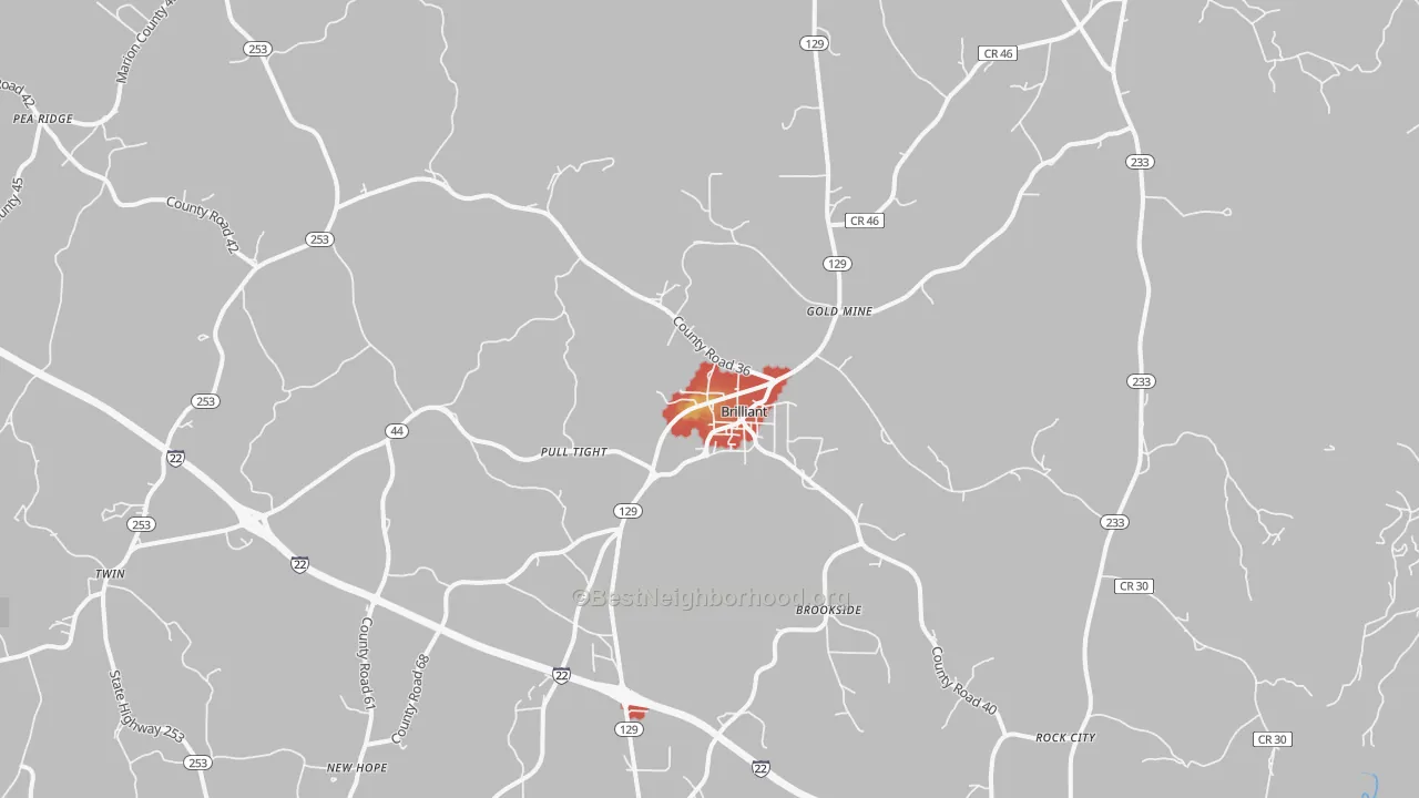 Walk Grade map of Brilliant, AL, walkable areas in green and car-dependent areas in red