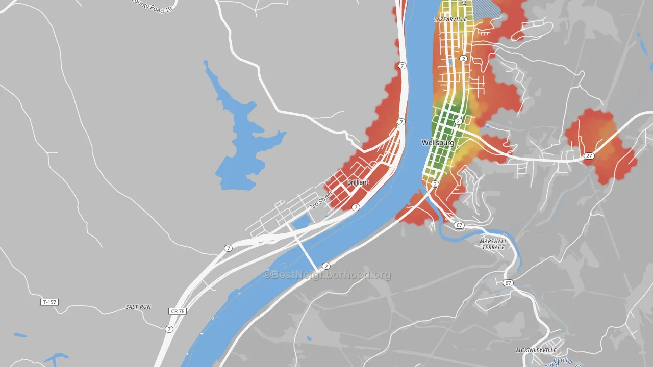 Walk Grade map of Brilliant, OH, walkable areas in green and car-dependent areas in red