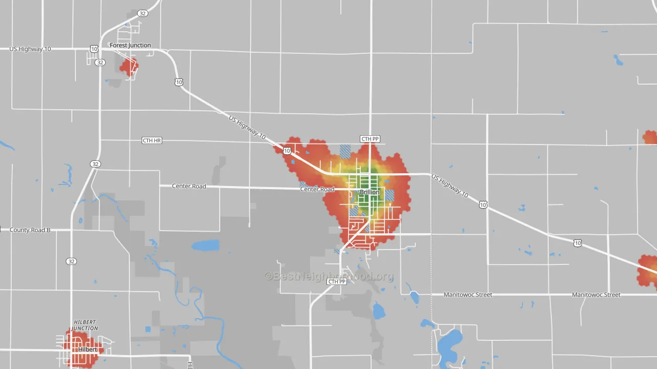 Walk Grade map of Brillion, WI, walkable areas in green and car-dependent areas in red