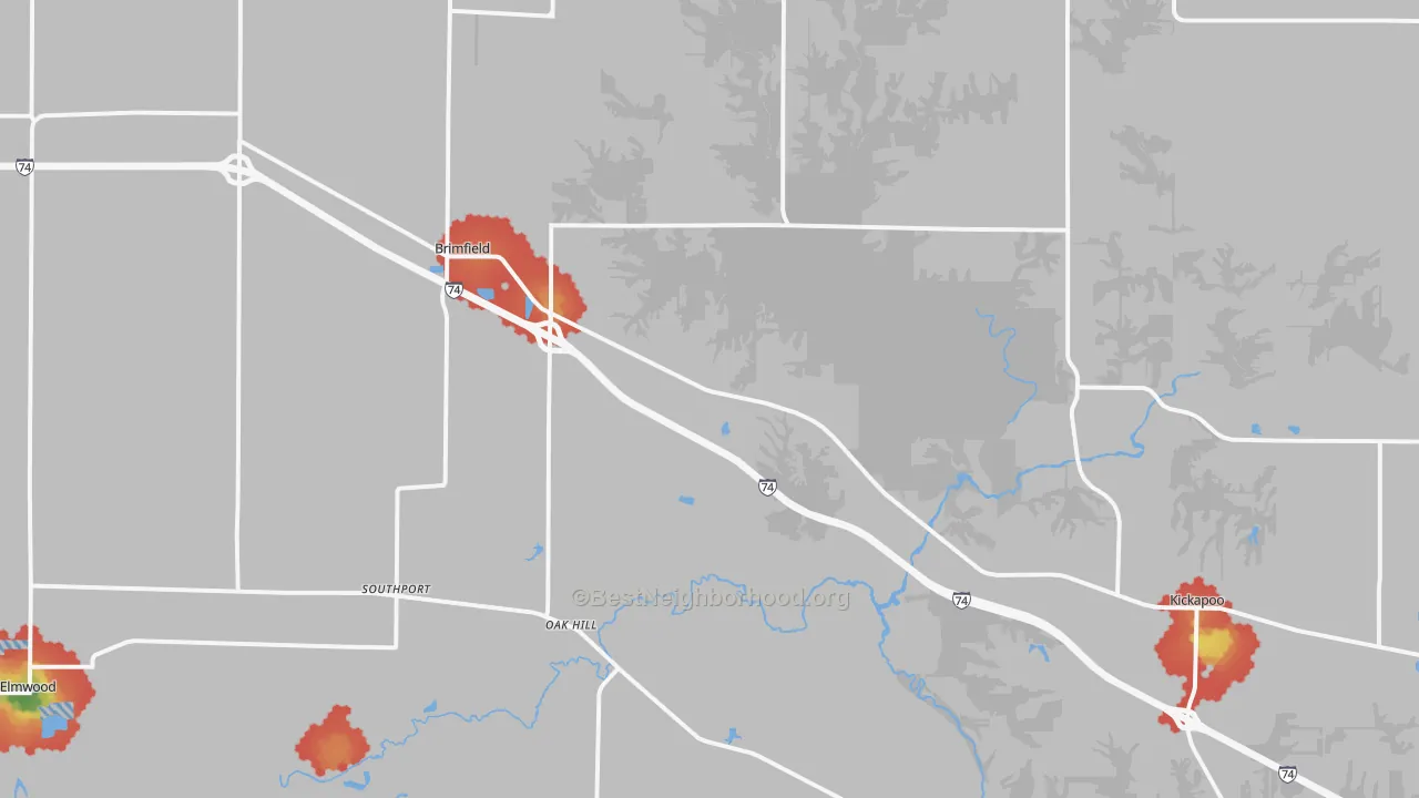 Walk Grade map of Brimfield, IL, walkable areas in green and car-dependent areas in red