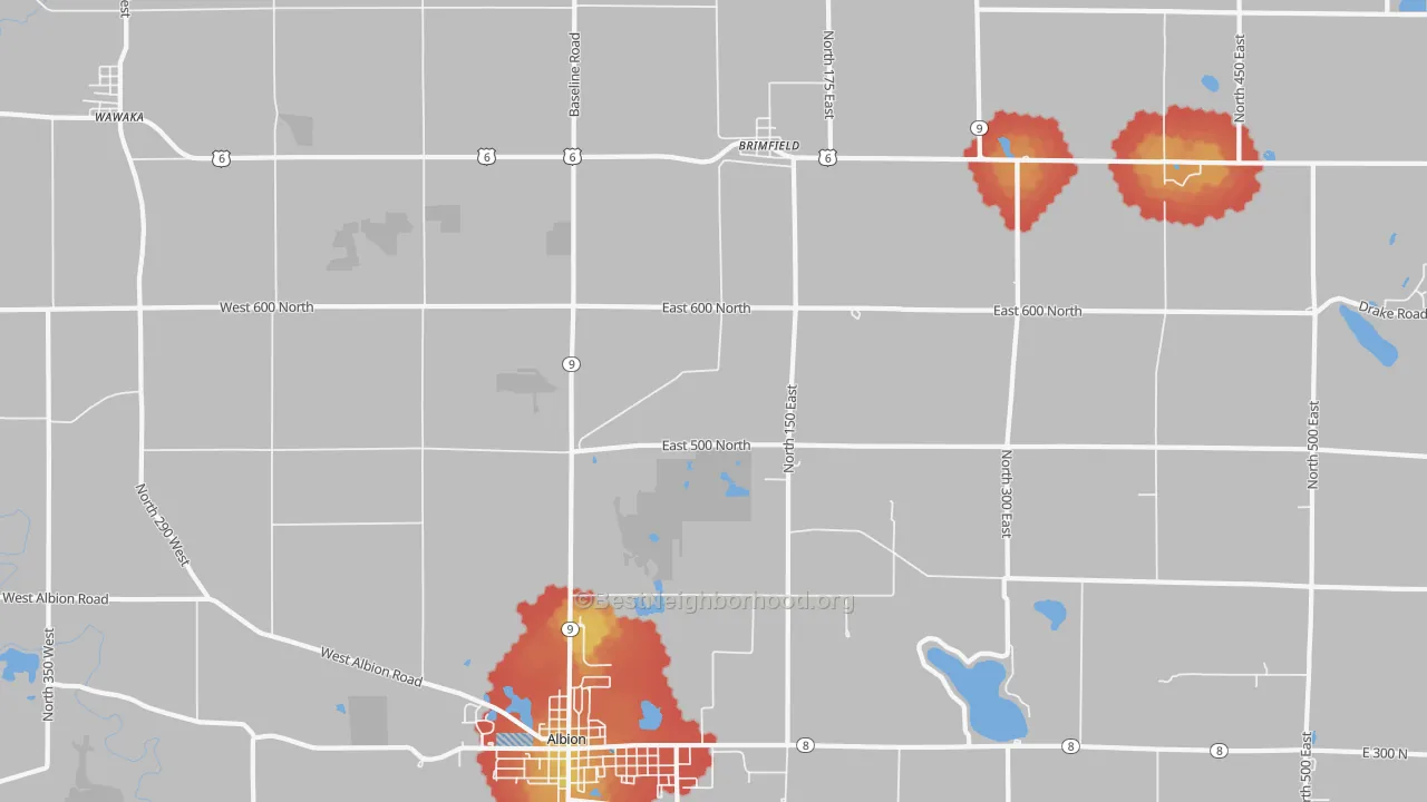 Walk Grade map of Brimfield, IN, walkable areas in green and car-dependent areas in red
