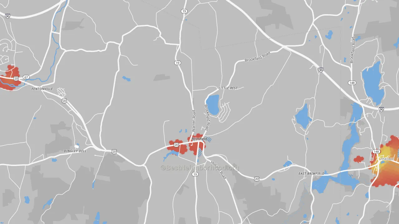 Walk Grade map of Brimfield, MA, walkable areas in green and car-dependent areas in red