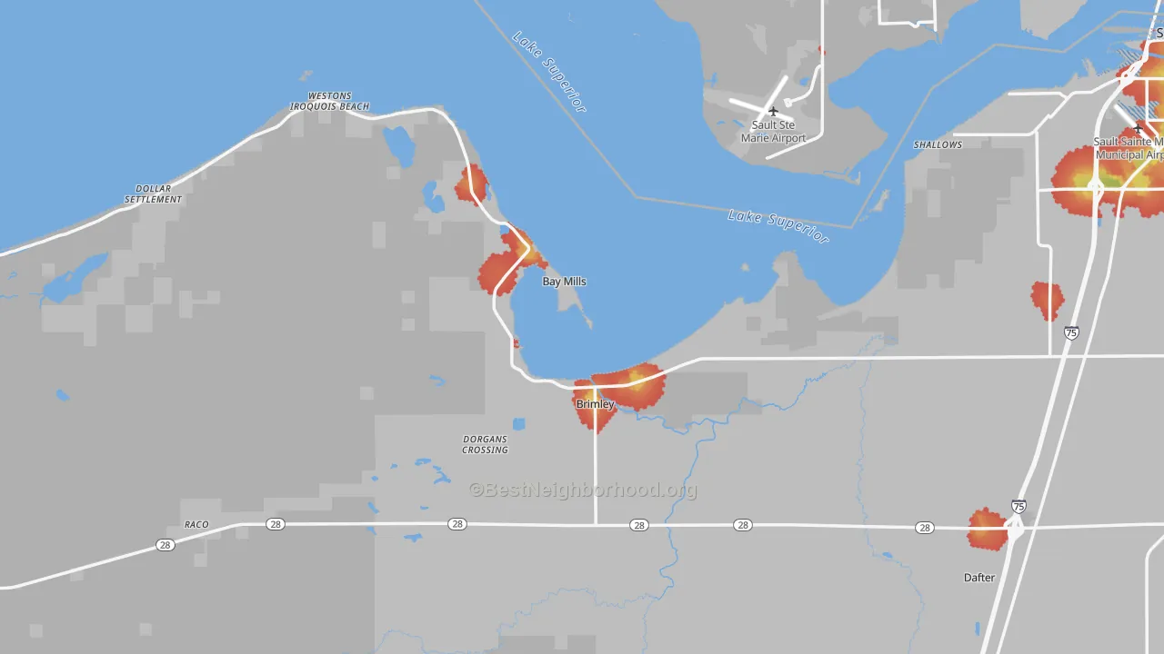 Walk Grade map of Brimley, MI, walkable areas in green and car-dependent areas in red