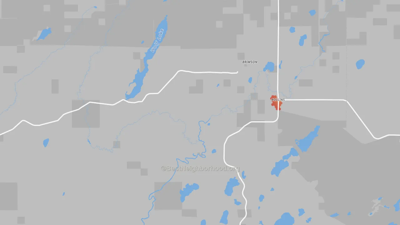 Walk Grade map of Brimson, MN, walkable areas in green and car-dependent areas in red