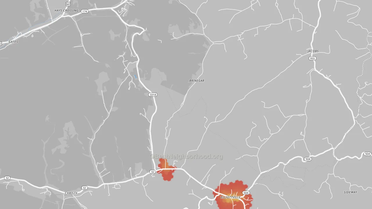 Walk Grade map of Brinegar, KY, walkable areas in green and car-dependent areas in red