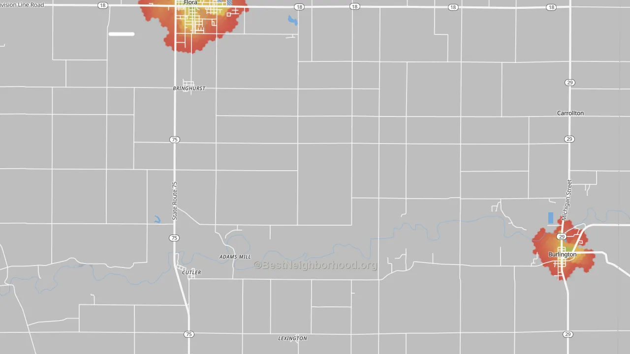 Walk Grade map of Bringhurst, IN, walkable areas in green and car-dependent areas in red