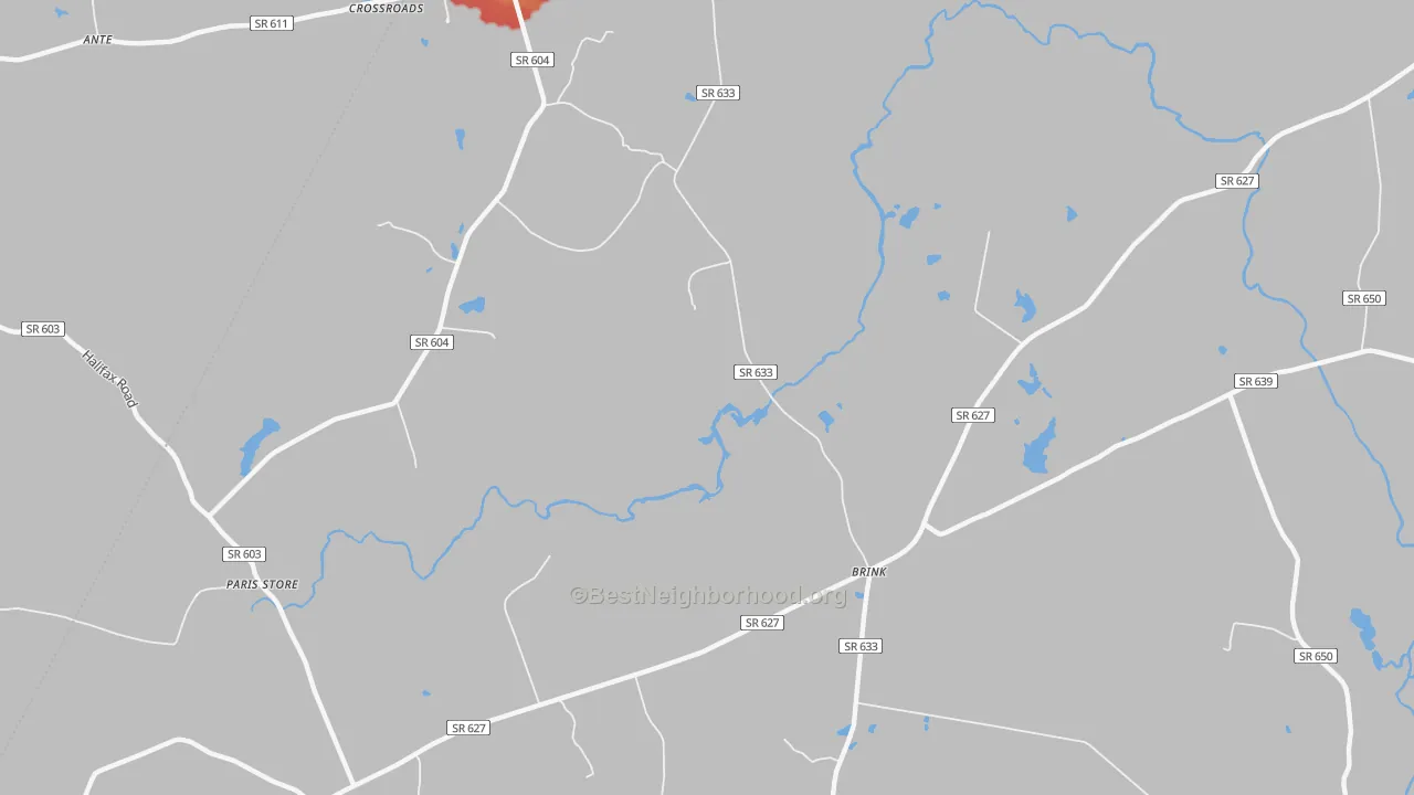 Walk Grade map of Brink, VA, walkable areas in green and car-dependent areas in red