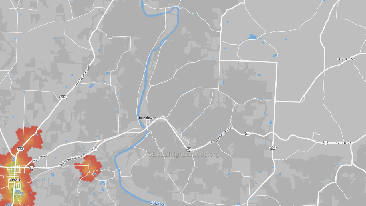 Walk Grade map of Brinkhaven, OH, walkable areas in green and car-dependent areas in red