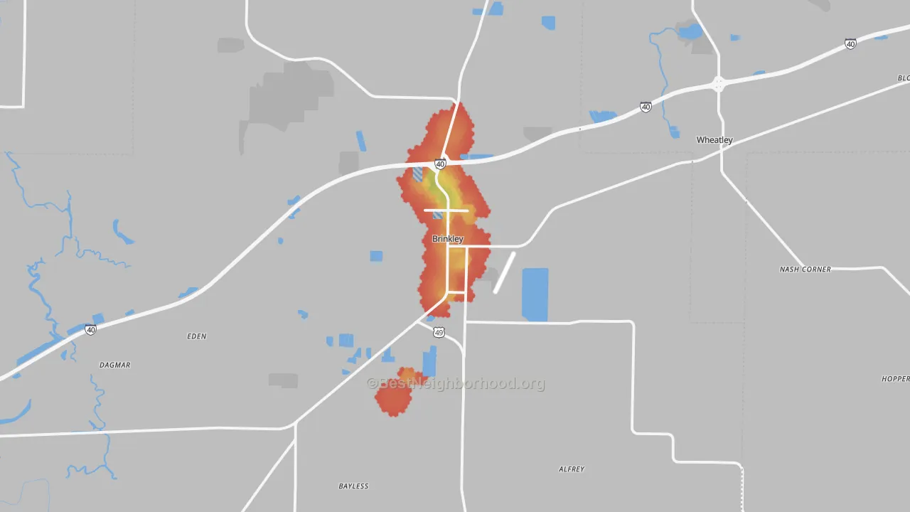 Walk Grade map of Brinkley, AR, walkable areas in green and car-dependent areas in red