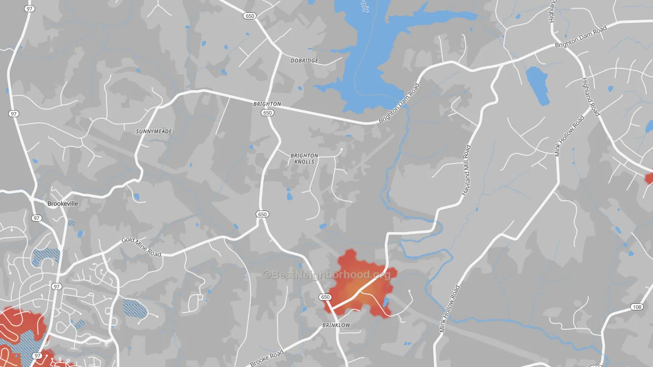 Walk Grade map of Brinklow, MD, walkable areas in green and car-dependent areas in red