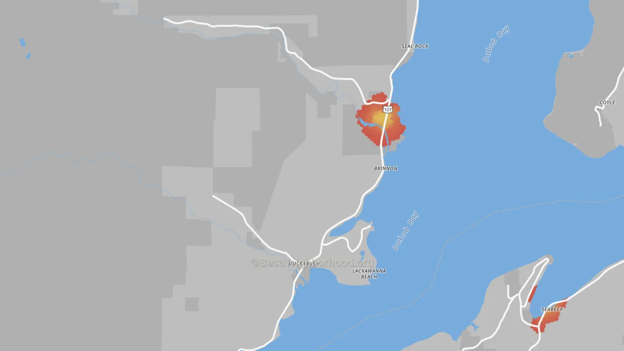 Walk Grade map of Brinnon, WA, walkable areas in green and car-dependent areas in red