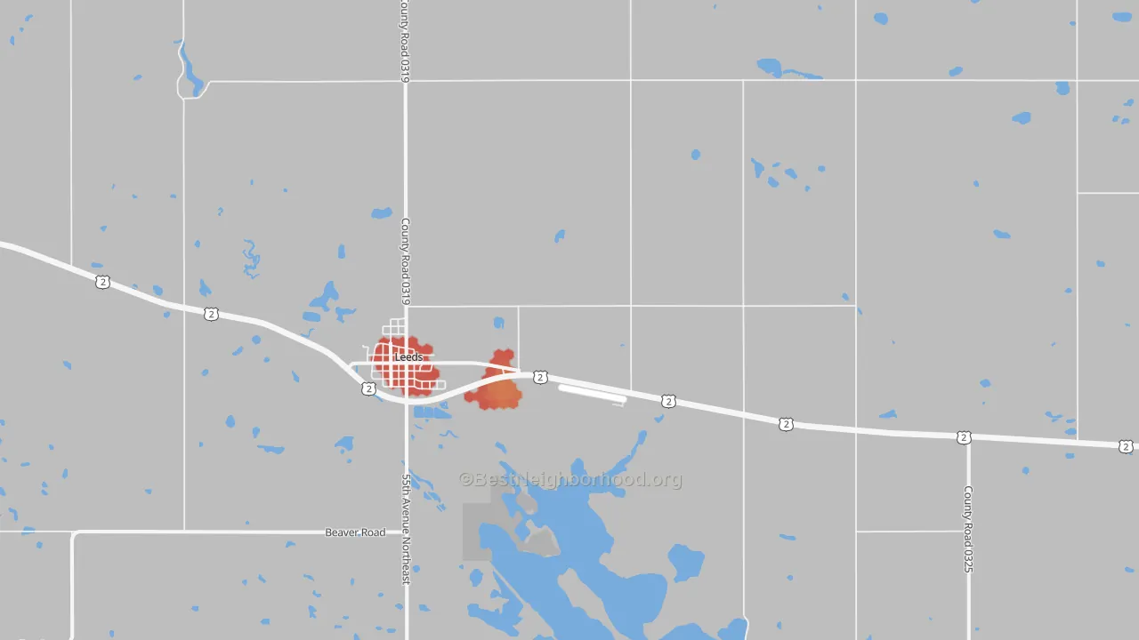 Walk Grade map of Brinsmade, ND, walkable areas in green and car-dependent areas in red