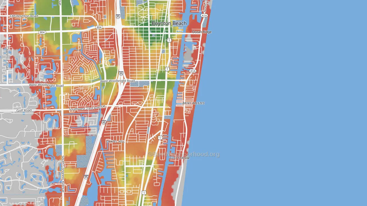 Walk Grade map of Briny Breezes, FL, walkable areas in green and car-dependent areas in red