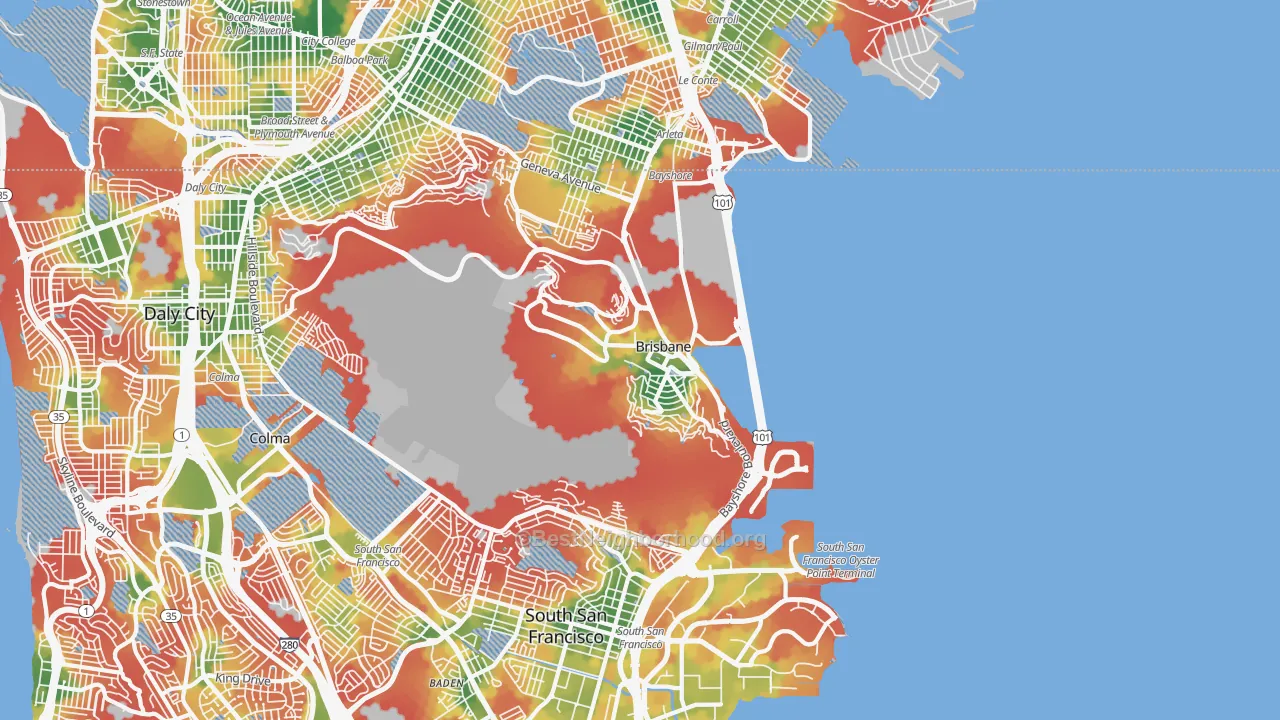 Walk Grade map of Brisbane, CA, walkable areas in green and car-dependent areas in red