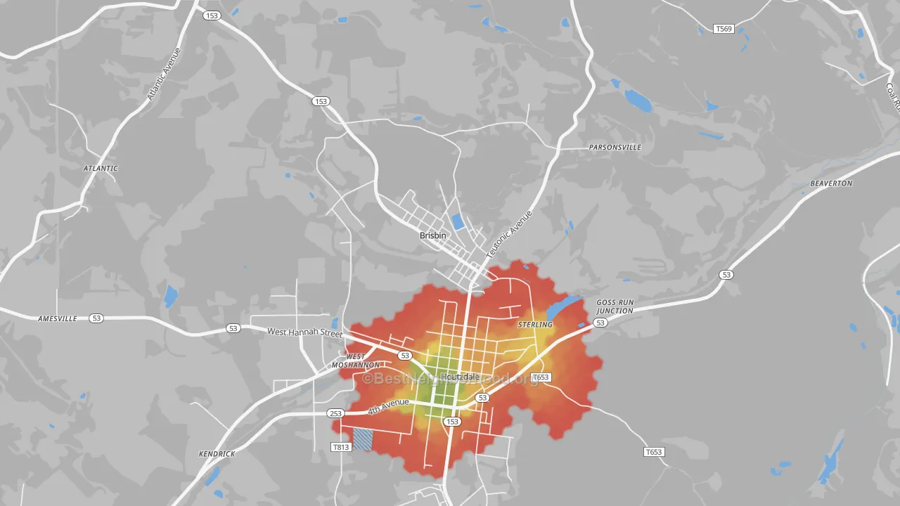 Walk Grade map of Brisbin, PA, walkable areas in green and car-dependent areas in red