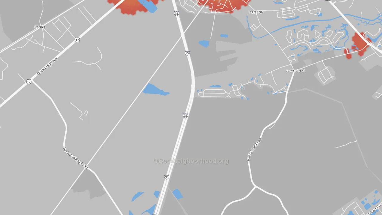 Walk Grade map of Brisbon, GA, walkable areas in green and car-dependent areas in red