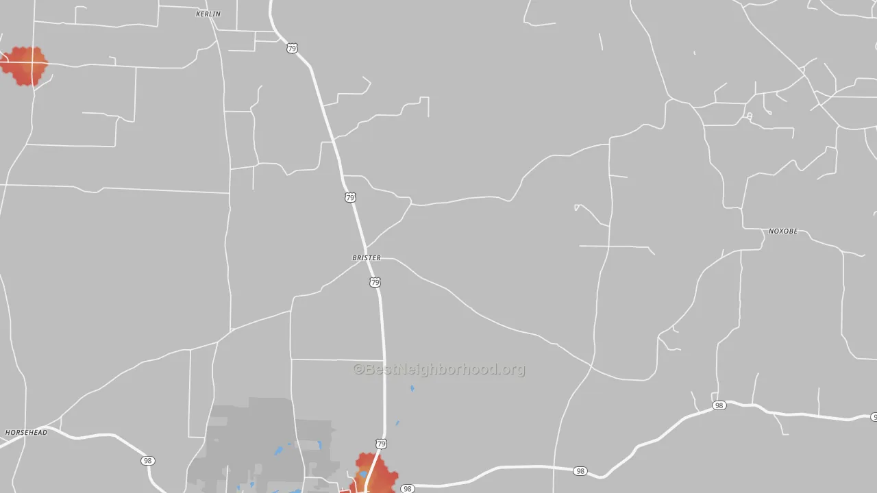 Walk Grade map of Brister, AR, walkable areas in green and car-dependent areas in red